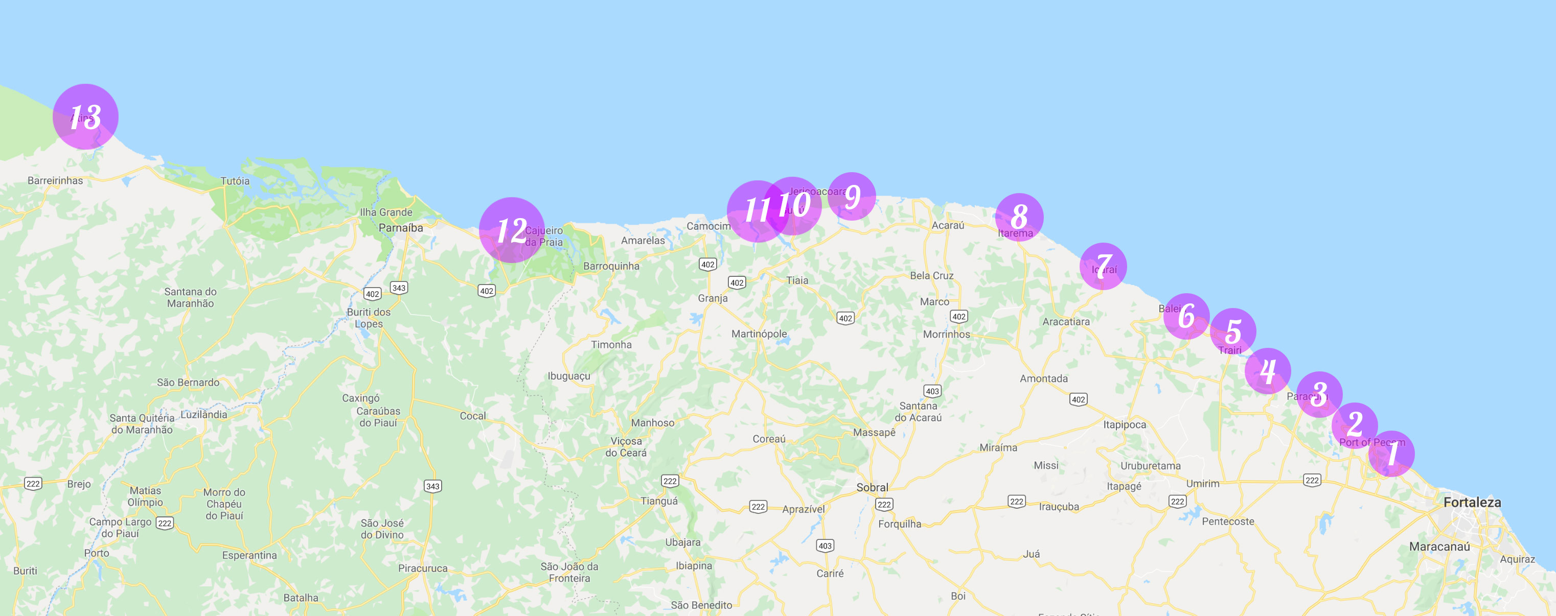 Karta över kite spots i norra Brasilien