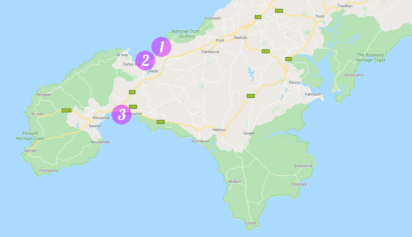 Map of South-West Cornwall and its kitesurf spots.
