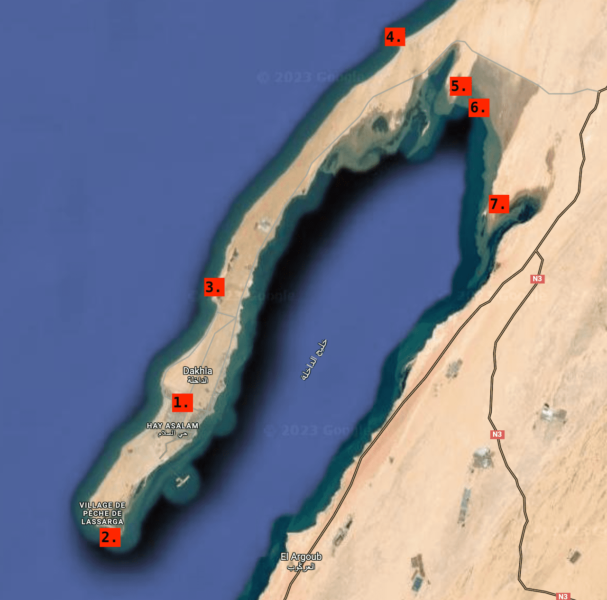 Karta över Dakhla kitesurf spot.