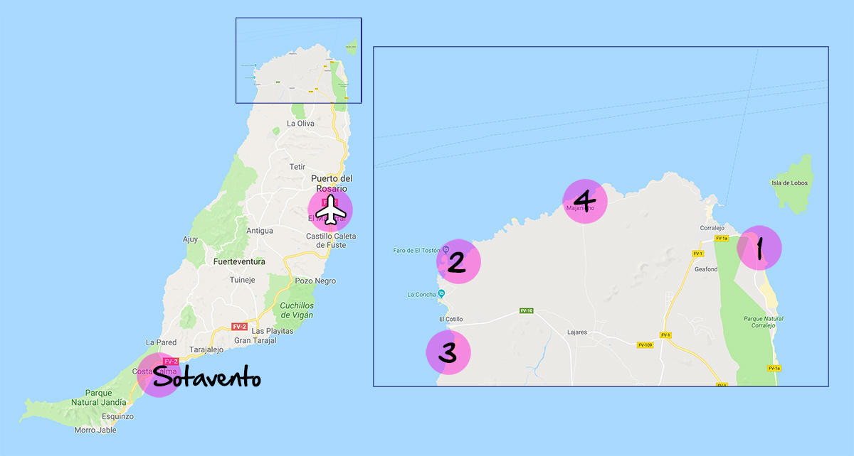 Mapa kitesurfingu spots na Fuerteventurze