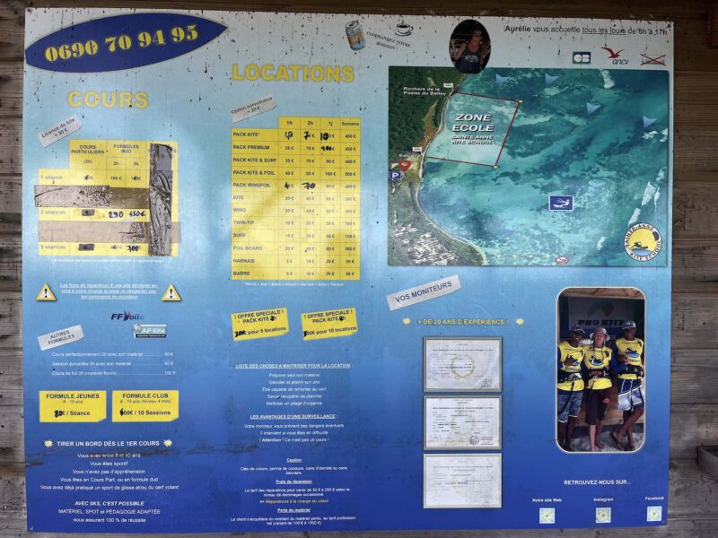 Info board for Sainte-Anne kitesurf spot in Guadeloupe