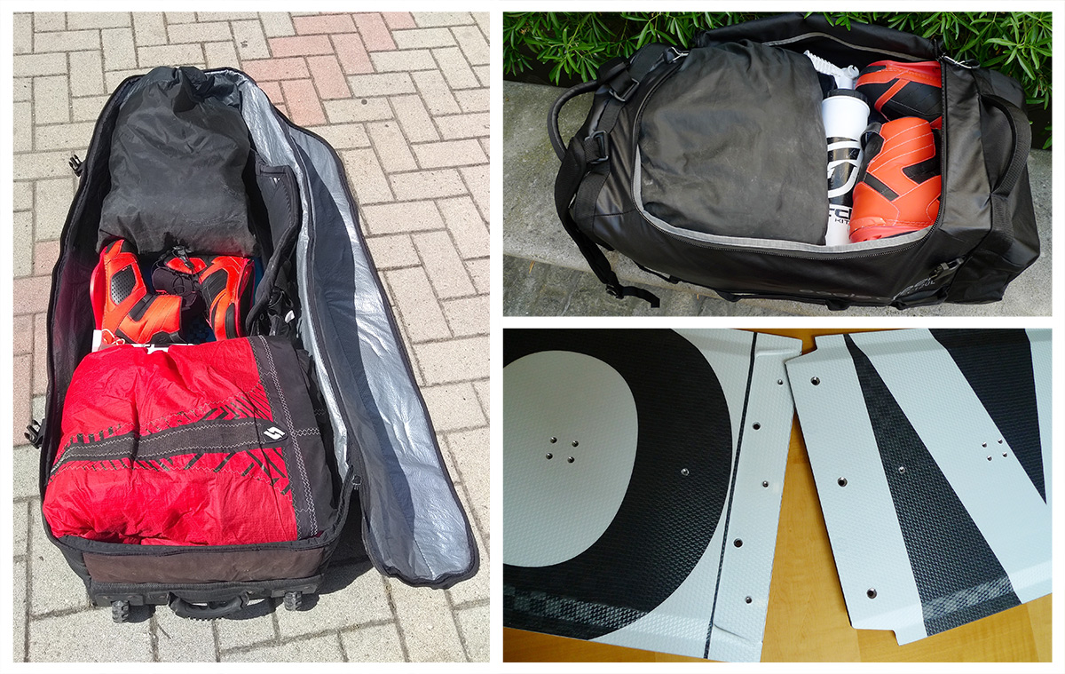 a comparison of a golf bag and a split board bag