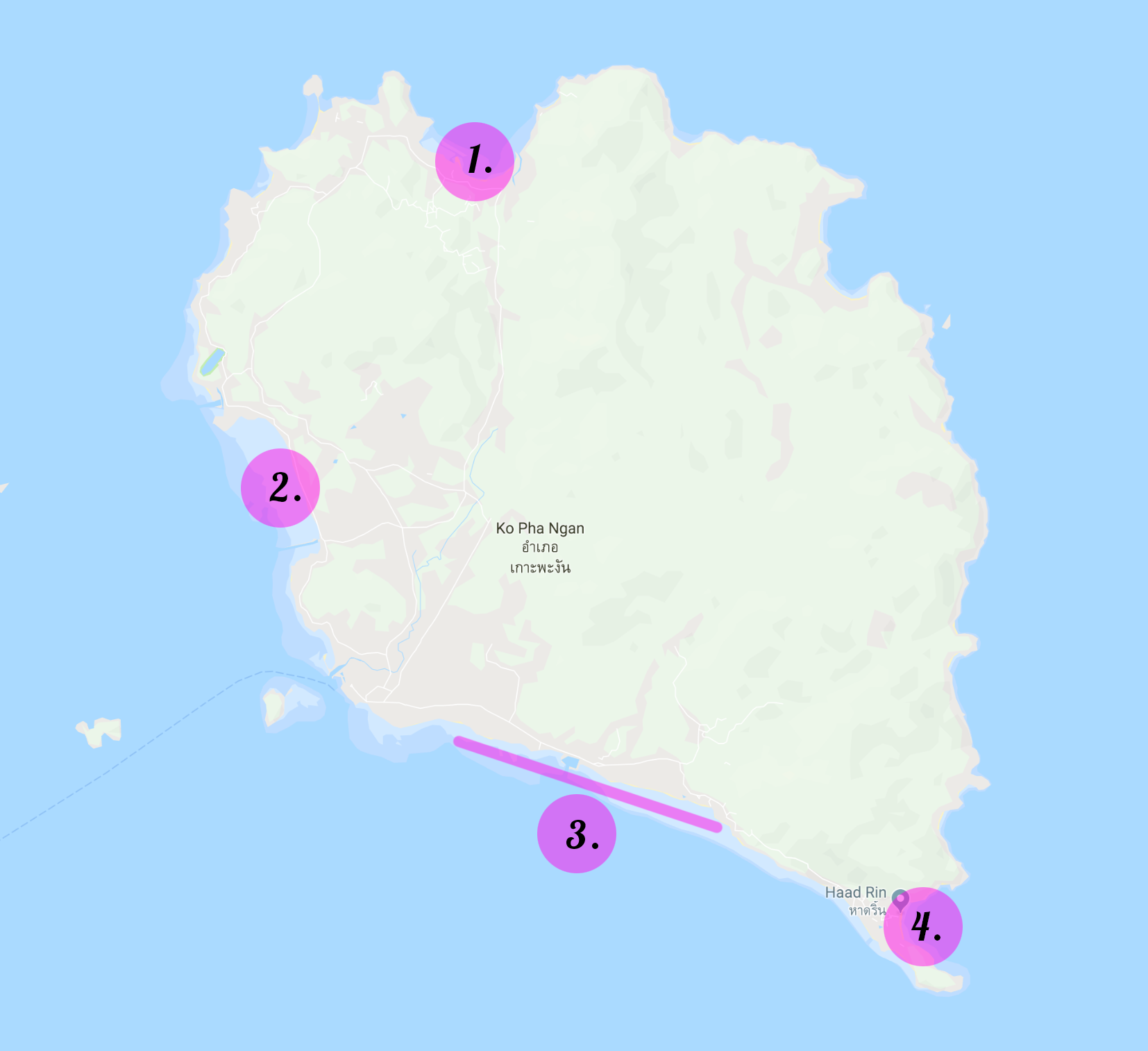 Karta över Koh Phangans kitesurf spots