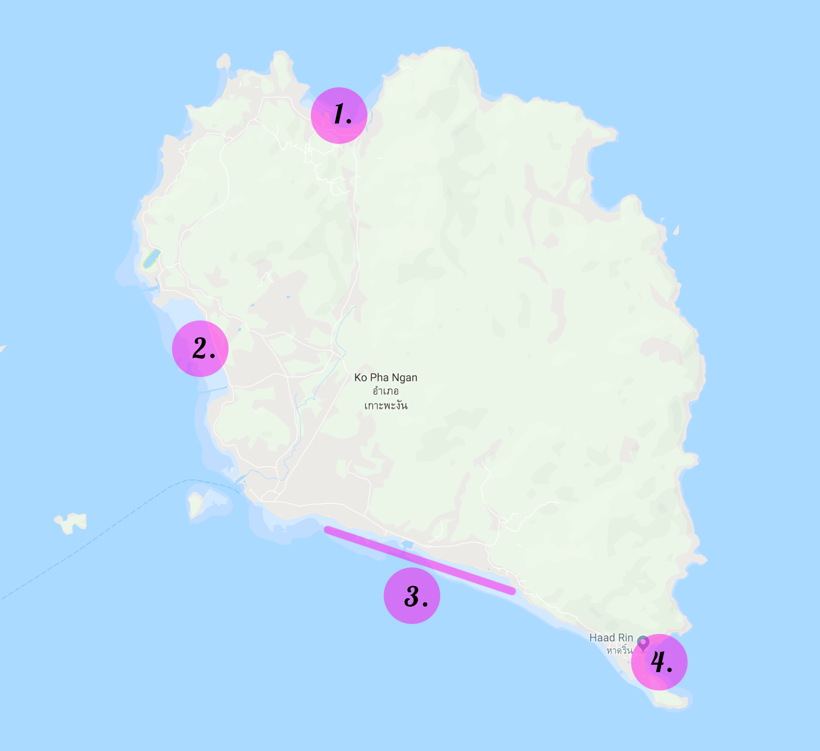 Kort over Koh Phangans kitesurf spots