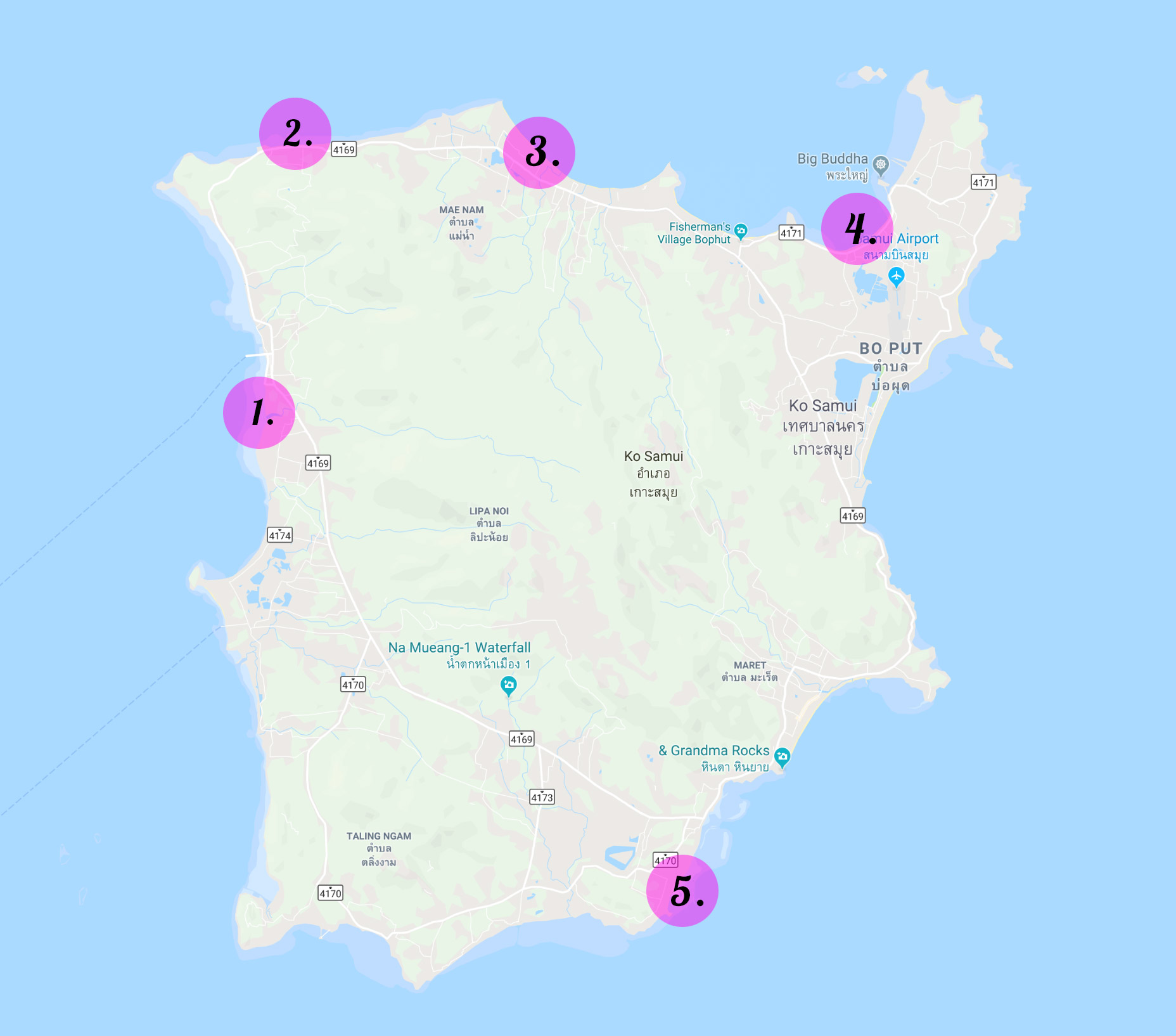Karta över Koh Samui's kitesurf spots