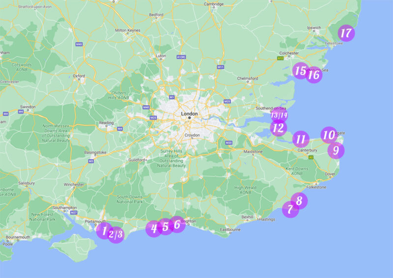 Mapa de kitesurf spots cerca de Londres, numerados del 1 al 17.