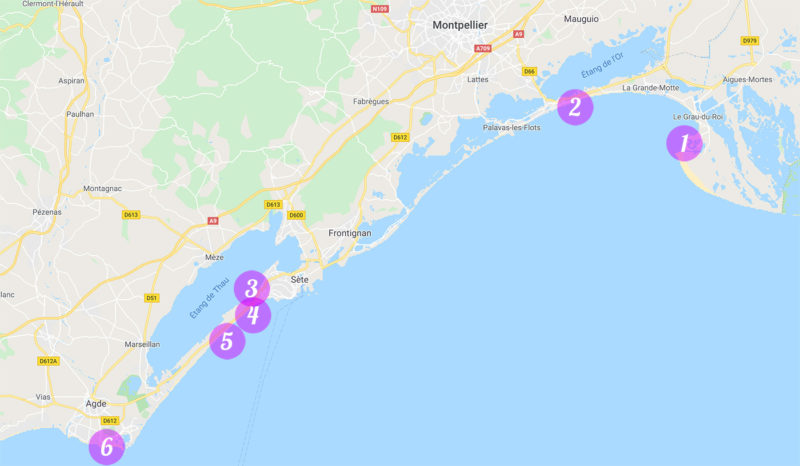Map of kitesurf spots near Montpellier, South France