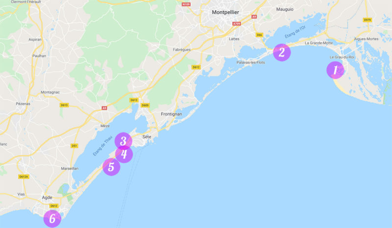 Mapa kitesurfingu spots w pobliżu Montpellier, południowa Francja