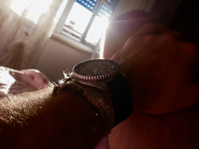 Seiko Turtle Wrist Shot an einem sonnigen Morgen.