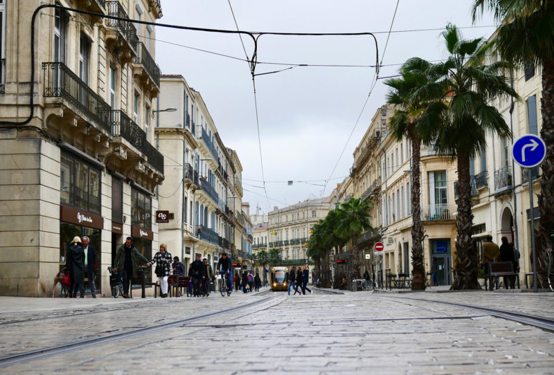 cobblestone street in Montpellier, France