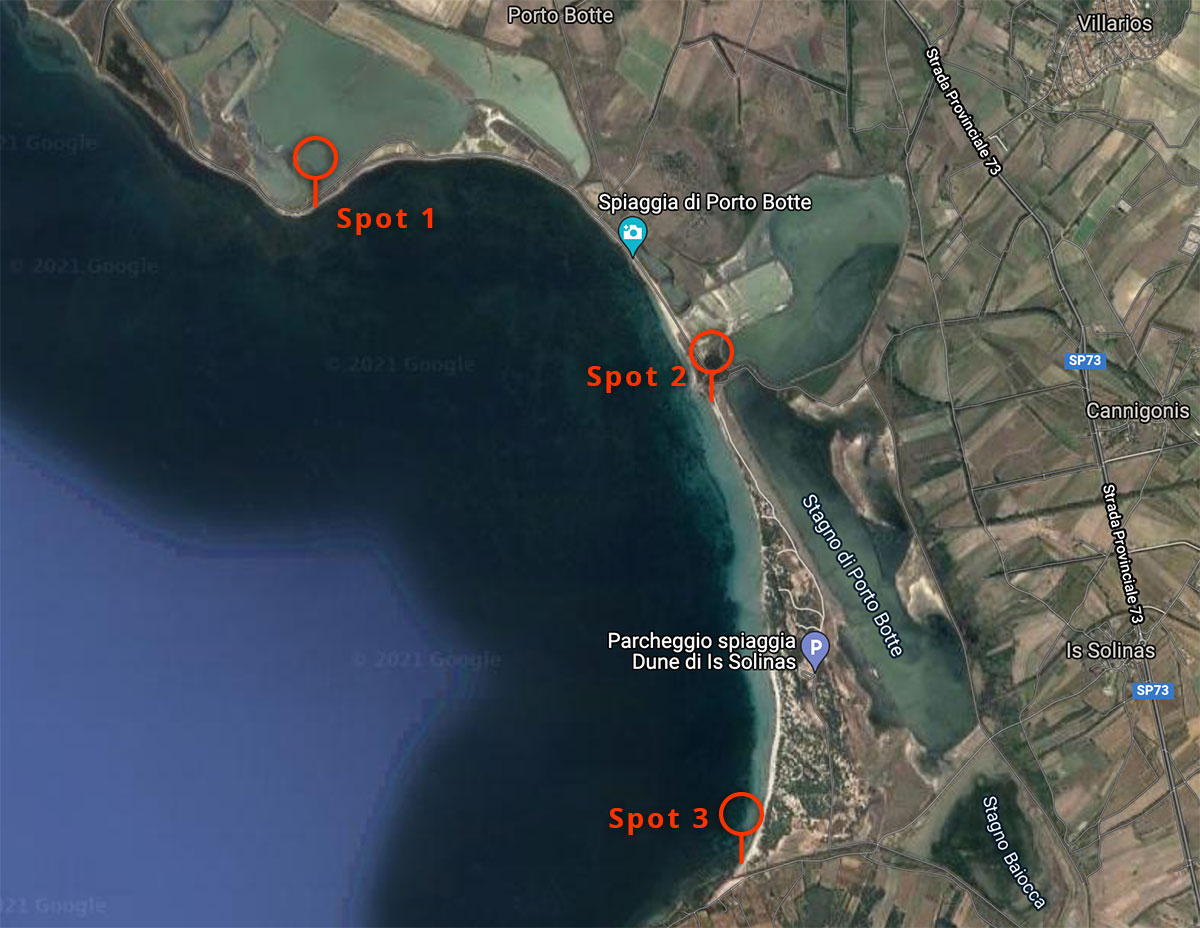 Karta över Porto Botte kite spot.