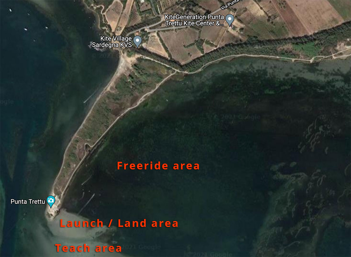 Karta över Punta Trettu kite spot.