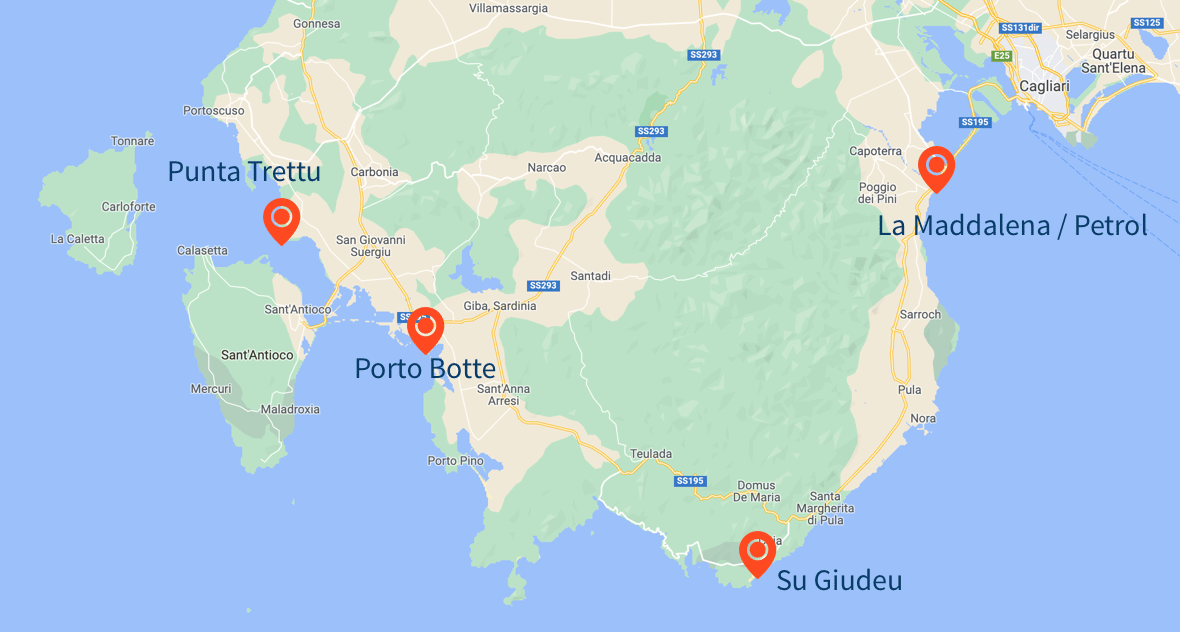 Karta över kite spots på södra Sardinien.