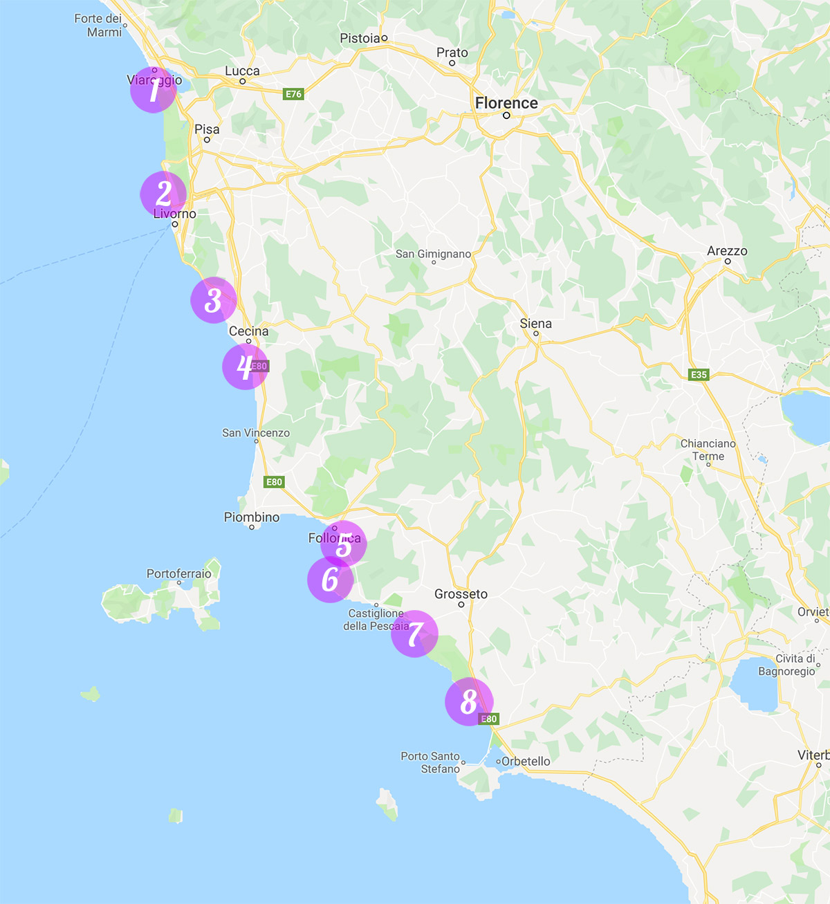 map of kite spots along Tuscany's coast.