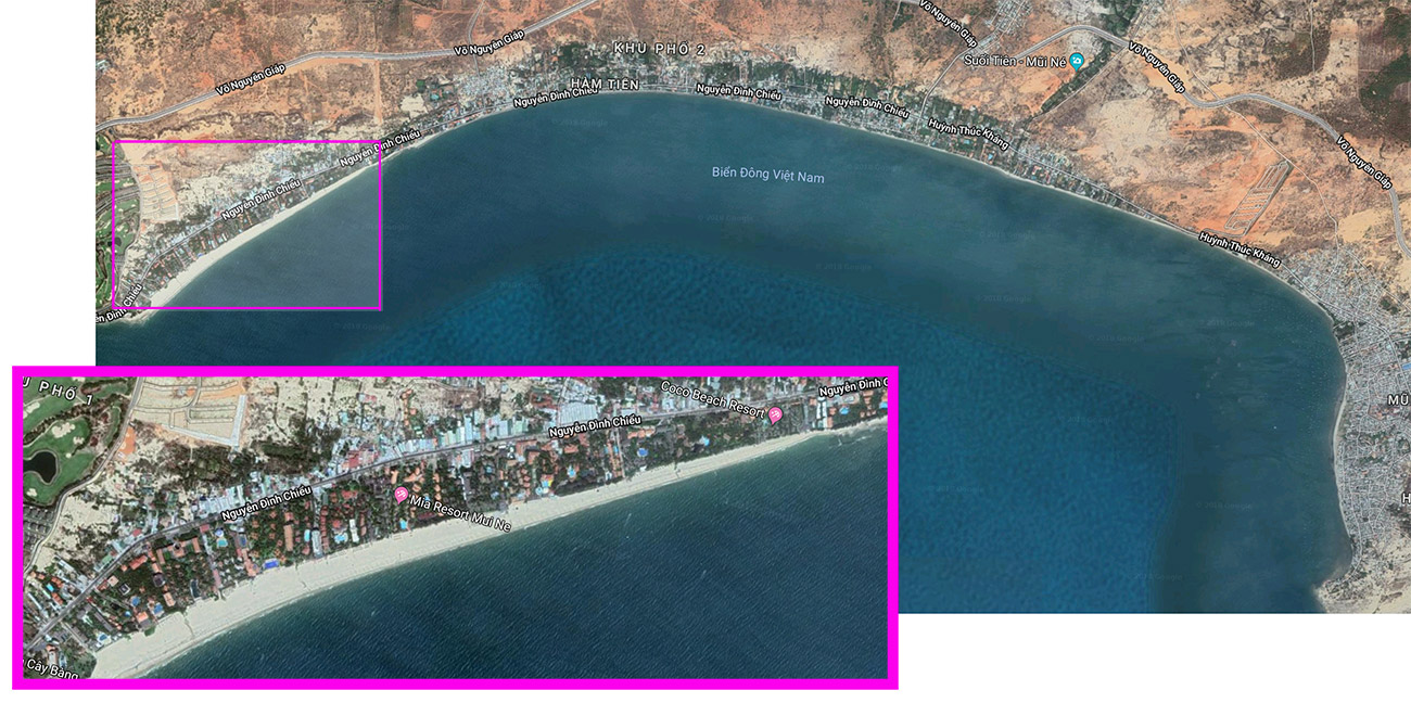 Karta som visar hur liten strand finns kvar i Mui Ne kitesurf spot