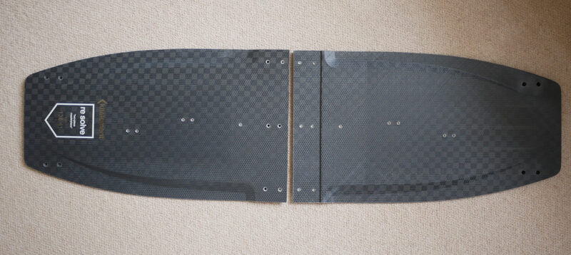 split kiteboard in two halves, showing the concept of a foldable board.