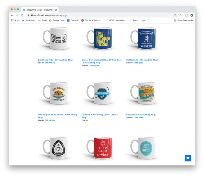 Web shop with mugs with kitesurf prints.