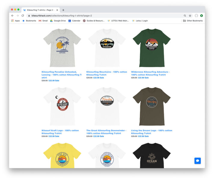 kitesurf shack web shop with kitesurf related prints on t-shirts.