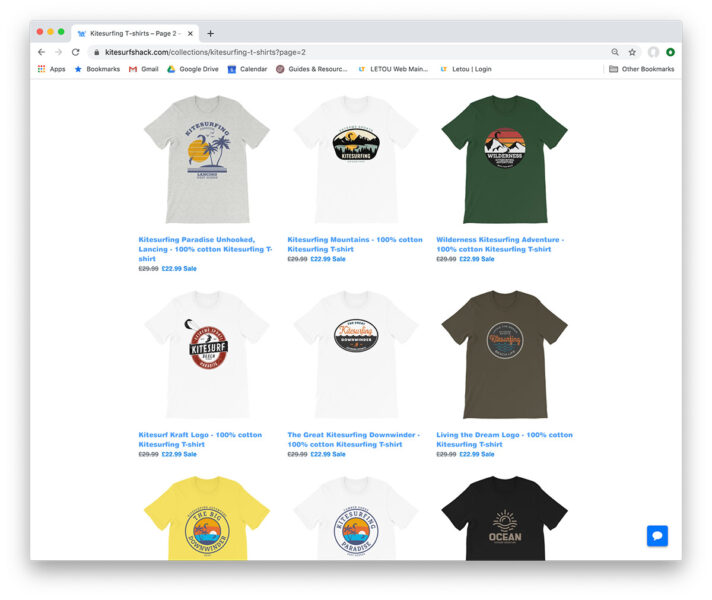 kitesurf shack webshop med kitesurf-relaterede prints på t-shirts.