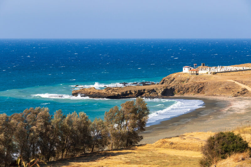 Windy coastline of Cyprus showing a nice beach for summer kitesurfing.